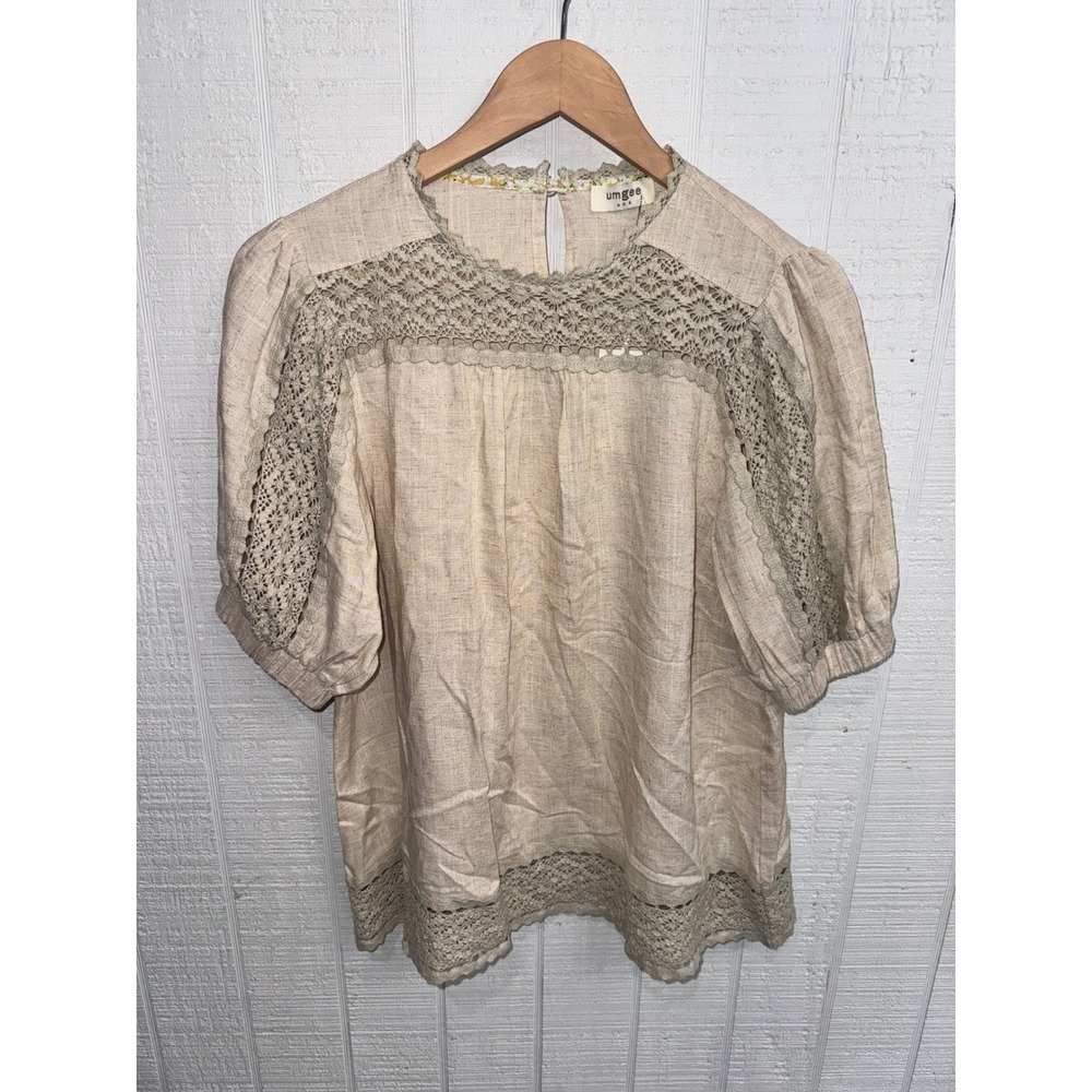 Umgee Blouse Womens Oatmeal Linen Blend Crochet Lace Puff Sleeve Top Small